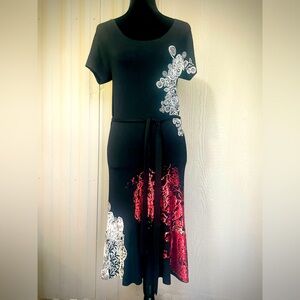 Desigual Campari Black Sweater Dress Bodycon Midi Belted Asymmetrical Knit S M